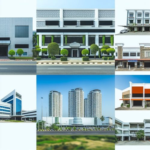 Illustration of various commercial real estate property types including office, retail, industrial, multi-family residential, and specialty buildings.
