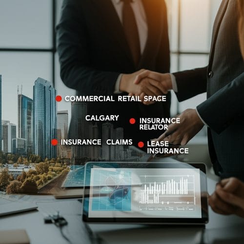 Commercial retail spaces in Calgary with elements symbolizing realtors, insurance, and leasing processes.